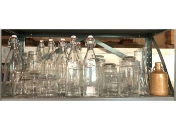 Shelf Lot Of Glass Bottles, Mason Jars & Pitchers