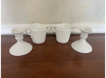 White Hobnail Glass Creamer, Pitcher And Two Candle Sticks