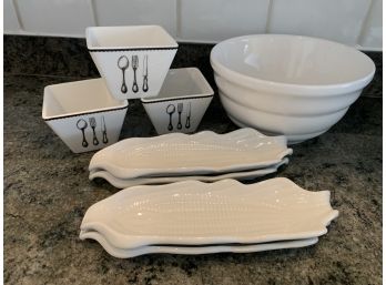 Large Mixing Bowl, Four Corn Holders And Three Square Dishes