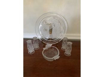 Large Glass Serving Plate, Four Shakers And An Apple Dish