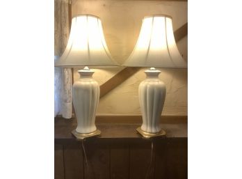 Pair Of White Table Lamps With Brass Bottoms