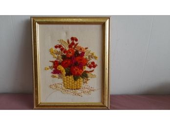 Framed Fabric Embroidered Basket Of Flowers