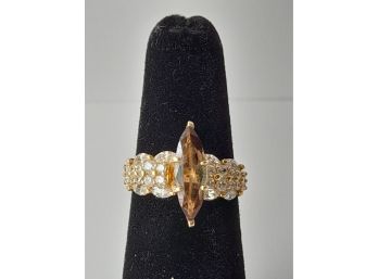 Smoky Quartz Marquise And Cubic Zirconia 14k Yellow Gold Ring