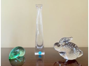 Baccarat Shell Paperweight, Tiffany & Co. Crystal Bud Vase And A Crystal Rabbit Paperweight