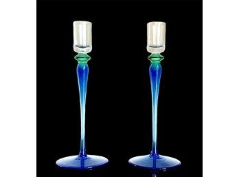 Pair Of Crate And Barrel Blue Glass Candlesticks
