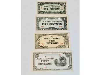 WWII Era 1942 - Japanese Government Occupation 1, 5, 10 & 50 Centavos Paper Money