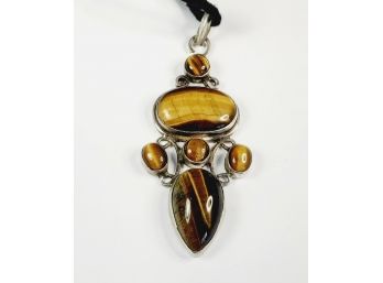 Large 22.2g Sterling Silver Tigers Eye Multi Stone Pendant With Rope Necklace