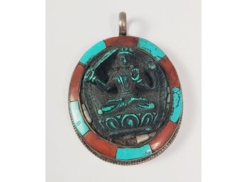 Vintage 13.8 Sterling Silver Carved Turquois Hindu God Or Goddess Pendant