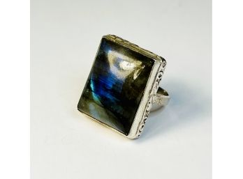 Sterling Silver Glowing Green/blue Labradorite Gemstone Ring With Years On Side