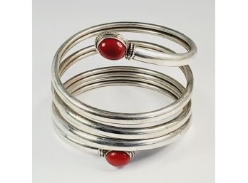 Unique 62.2g  Sterling Silver Spiral Wrap Around Bangle Bracelet With 2 Red Stones