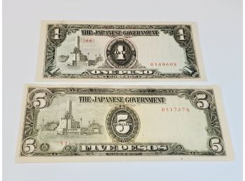 WWII Era 1942 - Japanese Government Occupation 1 & 5 Pesos Paper Money