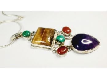 30.3g Sterling Silver Multi-stone Pendant And Necklace (amethyst, Tigers-eye, Malachite )