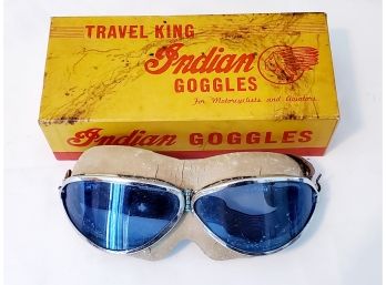 Vintage Pair Of Travel King Indian Goggles For Motorcycles & Aviators With Blue Lenses In Original Box!!!