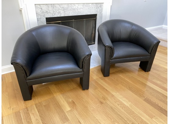 A Pair Of MCM Leather Barrel Chairs By Weiman Furniture
