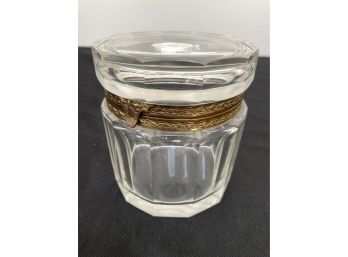 A Decorative Round Lidded Jar With Brass Tone Trim - 4'diameter X 4.5'h