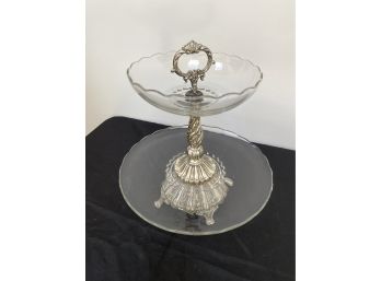 A Vintage 2 Tiered Centerpiece Serving Stand With Glass Tray & Bowl  14' Diameter X 14.5'h