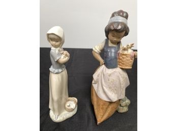 A LLADRO NAO Girl Holding Puppy With Basket & Vintage LLADRO Girl Holding Geese In Basket - Made In Spain