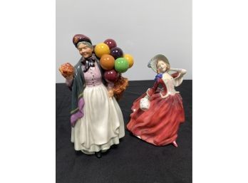 A PAIR Royal Doulton Figurines - 'Biddy Pennyfarthing H.N. 1843 & 'Autumn Breezes' Ra.No. 835666  England