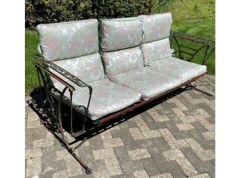 A Vintage Wrought Iron Outdoor 3 Cushion Glider Sofa With Sunbrella Cushions