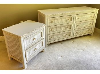 A Vintage Henry Link White Wicker Nightstand And Double Dresser