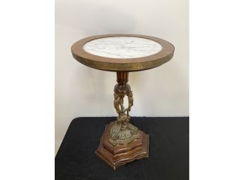 An  Old Marble Top Brass And Wood   Accent Side Table