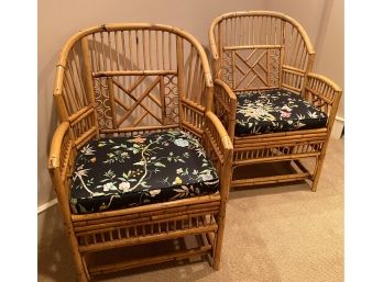 A PAIR Of Vintage Bamboo Chairs With Cane Seats & Cushions