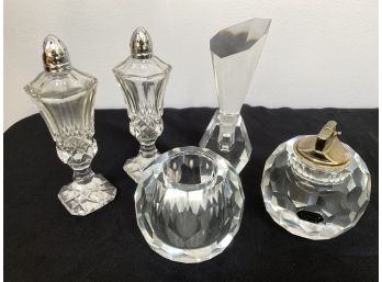 A Mixed Lot Of Crystal Items, Salt & Pepper, Tealight Candleholder, Perfume Bottle & Imported Hand Cut Lighter