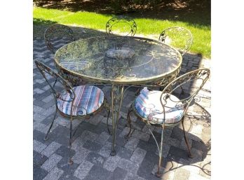 A Vintage Plexiglas Top Wrought Iron Round Table & 5 Chairs