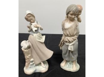 LLADRO Porcelain Figurines - Girl With Doves Retired & Girl Carrying Brother On Back - Made In Spain