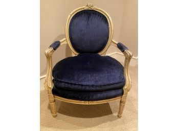 French Style Round Back Accent Arm Chair With Black Velvet Upholstery & Washed Wood Frame