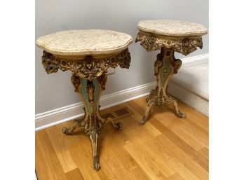 A PAIR Of OLD Decorative Carved Marble Top Accent Side Tables
