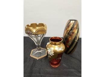 A Mixed Lot Of Bohemia Czechoslovakia, Penco Industries, Indian  Vase Hand Painted & Trimmed In Gold