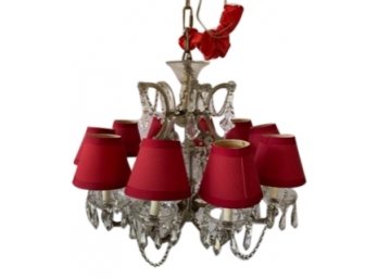 Vintage Chandelier With Red Shades And Real Crystals