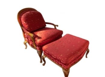 Thomasville Club Chair With Ottoman - Red With Dragon Fly Pattern
