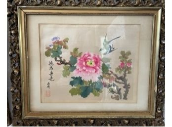 Two Asian Floral Design Wooden Framed Wall Hangings From Hotel Rafael, Shanghai. Apprx WWI Era