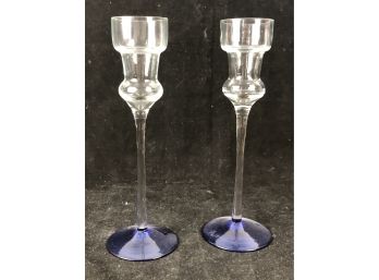 Blue And Clear Glass Candle Stick Holders