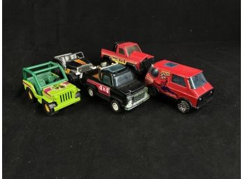 Vintage Toy Vehicle Lot-hulk Jeep, Spiderman Van, 2 4x4 Trucks And Black Jeep