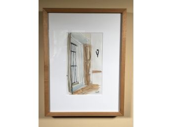 Lovely Watercolor Painting On Paper - Signed READ Possibly L READ - 10-1/2' X 14' - Light Birch Frame