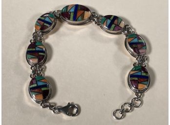Remarkable Sterling Silver Braclet - Hand Made In Mexico With Bezel Set Gemstone Fragments - AMAZING PIECE !