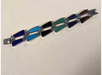 Fabulous Vintage Sterling / 925 Art Deco Style Bracelet - Malachite - Lapis - Onyx - Turquoise And More !