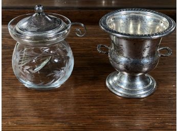 Two Lovely Piece Of Sterling Silver - Diminutive Champagne Bucket & Lovely Etched Glass Condiment Jar & Spoon