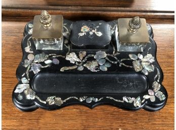 Antique Victorian English Papier Mache Ink Stand / Ink Wells - Brass Lids Have Pineapple Finials - VERY NICE !