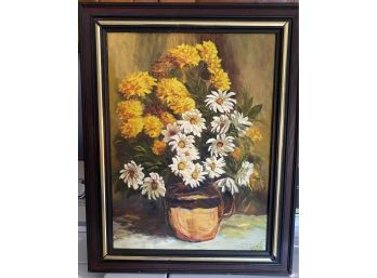 1969 Framed Oil Painting Of Flowers In Vase Signed  Sands 1969 - Back Of Frame Gives Alternate Artist