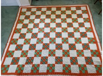 Vintage Green & Orange Squares On White Handmade Quilt 6'9' X 6'7' (read Description)