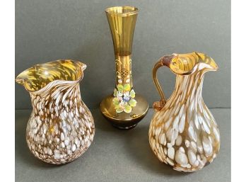 Vintage Hand Blown Amber Splatter Glass Vase & Pitcher - Bohemian Czech Hand Painted Vase
