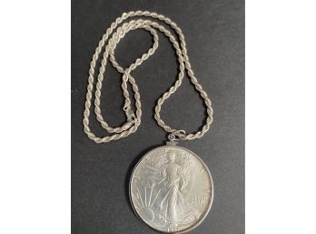 1987 Authentic 1 Oz. Fine Silver One Dollar Piece On Sterling Silver 22' Chain 52 Gram Weight