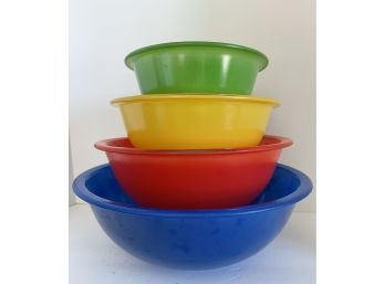 Vtg 80's Primary Color Clear Bottom Pyrex Mixing Bowl Set 322, 323, 325, 326 Matte Finish, Glossy Inside