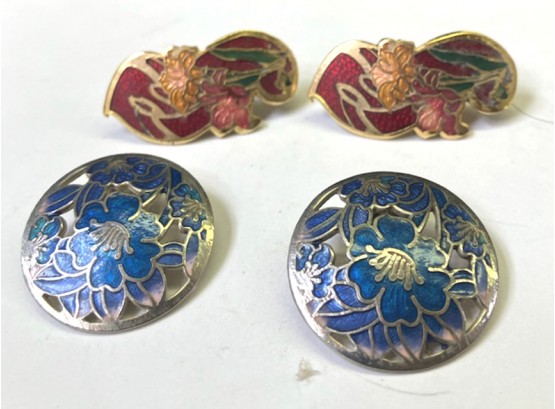 TWO PAIRS OF CLOISONNE EARRINGS, Clip On