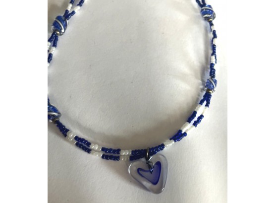 Blue & White Beads Neklace With Lucite Heart Pendant