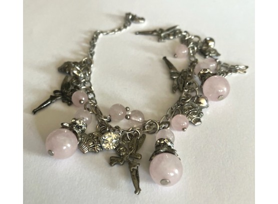 Charm Style Bracelet With Pink Stones, Baskets, Rhinestones & Fairies